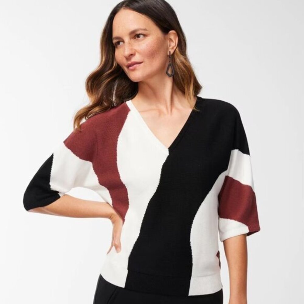 Chico's Women's "Intarsia Chianti" Red Cream Print Crewneck 1/2 Sleeve Sweater L